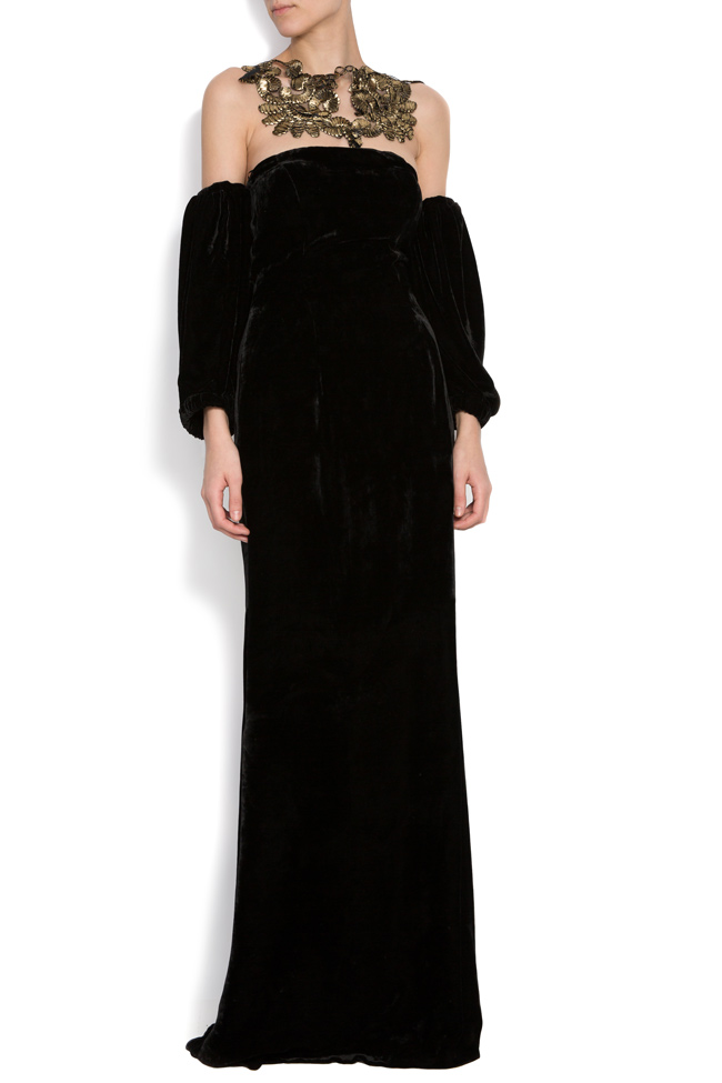 Off-the-shoulder striped velvet-silk gown Mirela Pellegrini image 0