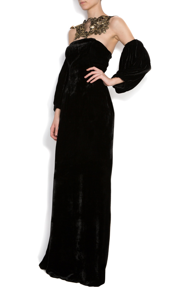 Off-the-shoulder striped velvet-silk gown Mirela Pellegrini image 1