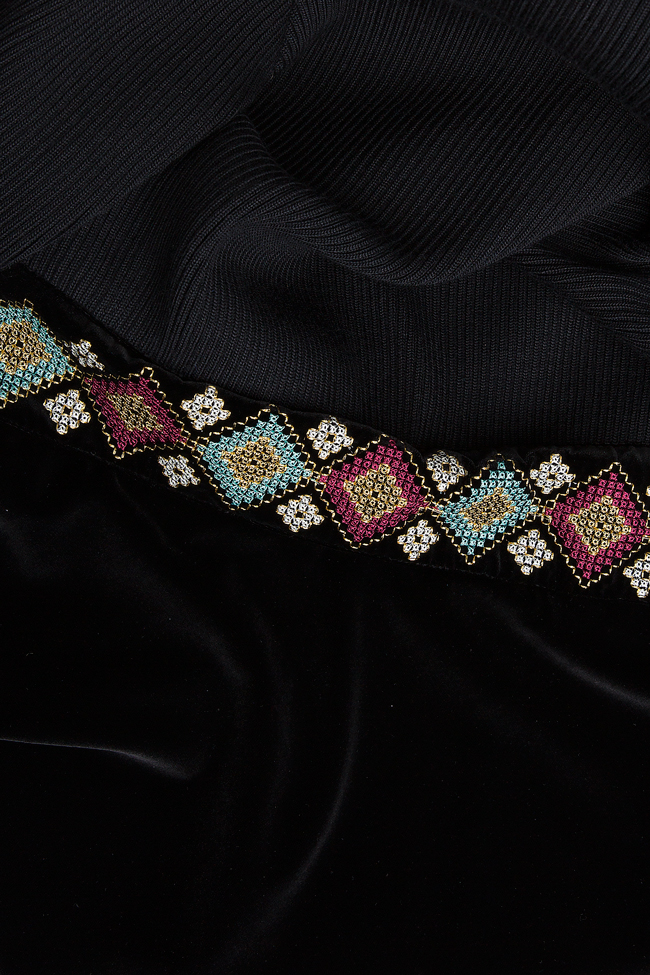 Rochie din tricot si catifea de bumbac cu centura brodata Maressia imagine 4
