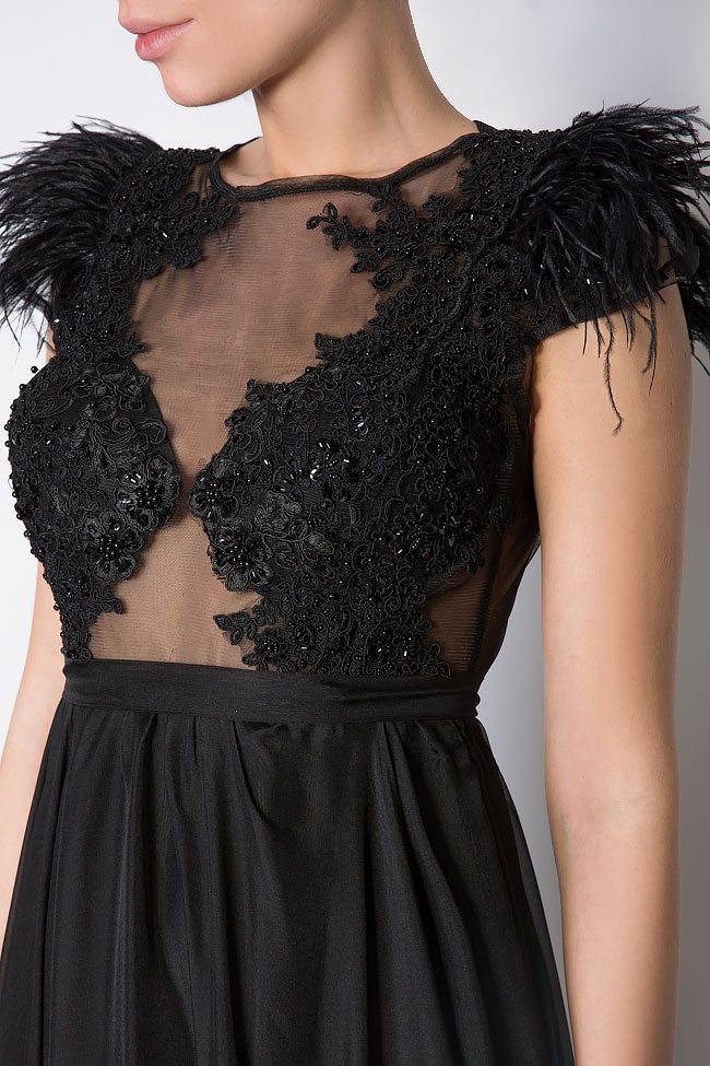 Feather-trimmed crepe de chine embroidered gown Schazzie by Bogdan Pachitaru image 3