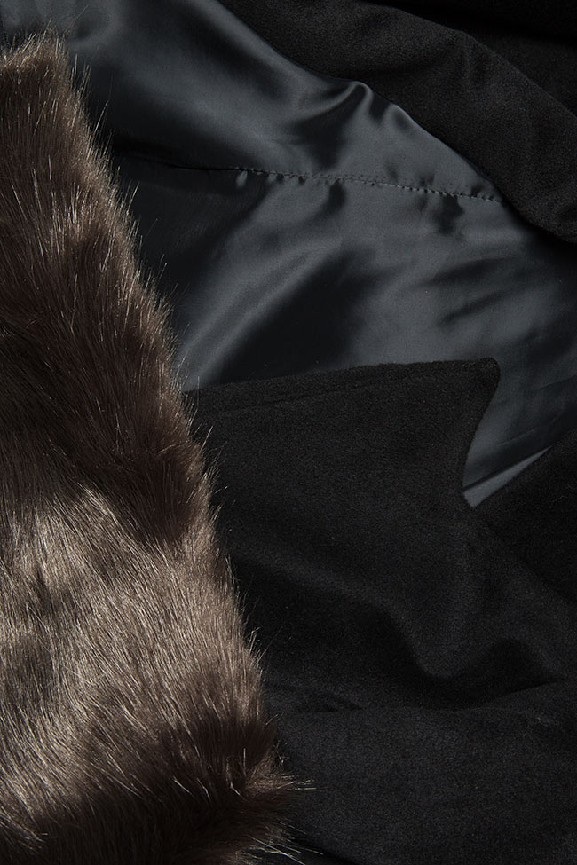 Palton din amestec de lana cu mansete din blana ecologica Queen Studio Cabal imagine 5