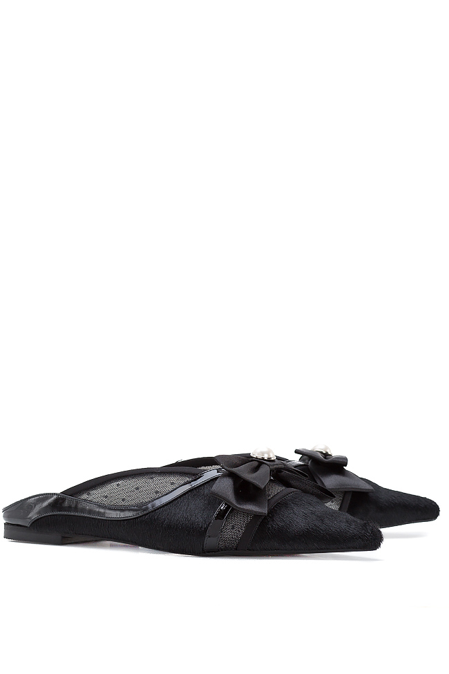 Bow-embellished fur mesh and patent leather mules Ana Kaloni image 1