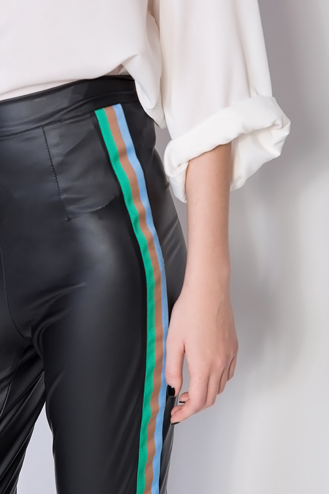 Pantaloni piele ecologica elastica cu dungi Dorin Negrau imagine 3