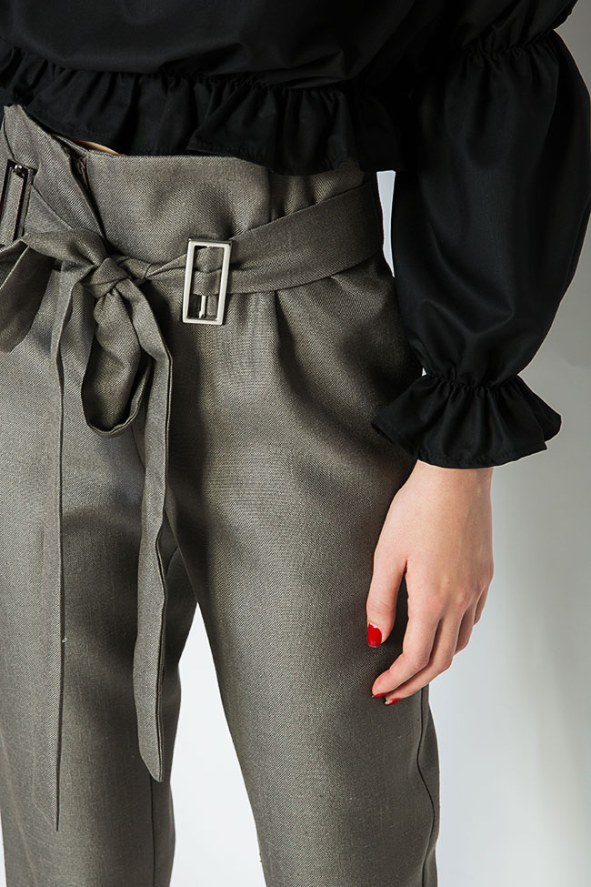Pantalon taille haute, en lin Cloche image 3