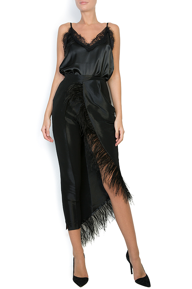 Pantaloni din tafta cu insertii din pene Black Wings Atelier Jaisse imagine 0