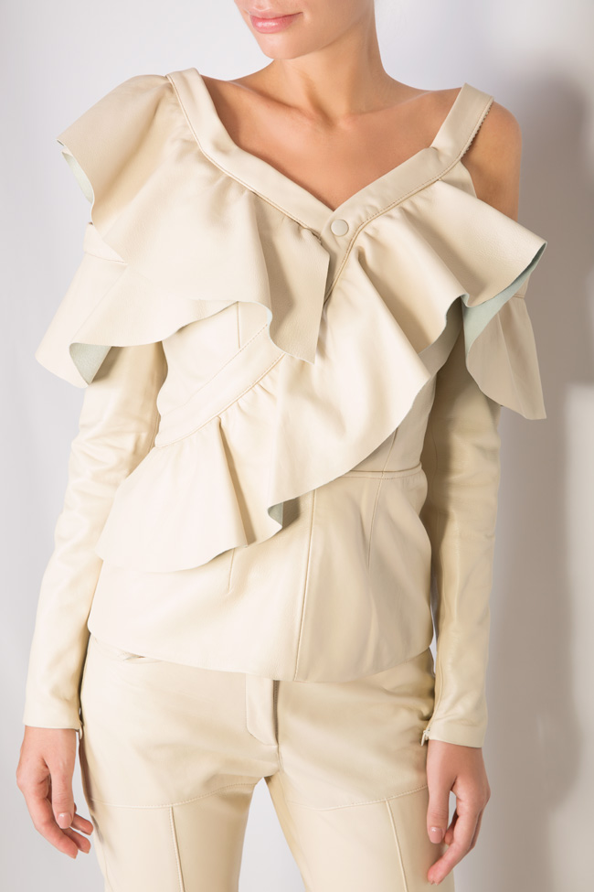 Cold-shoulder ruffled leather blouse LUWA image 3
