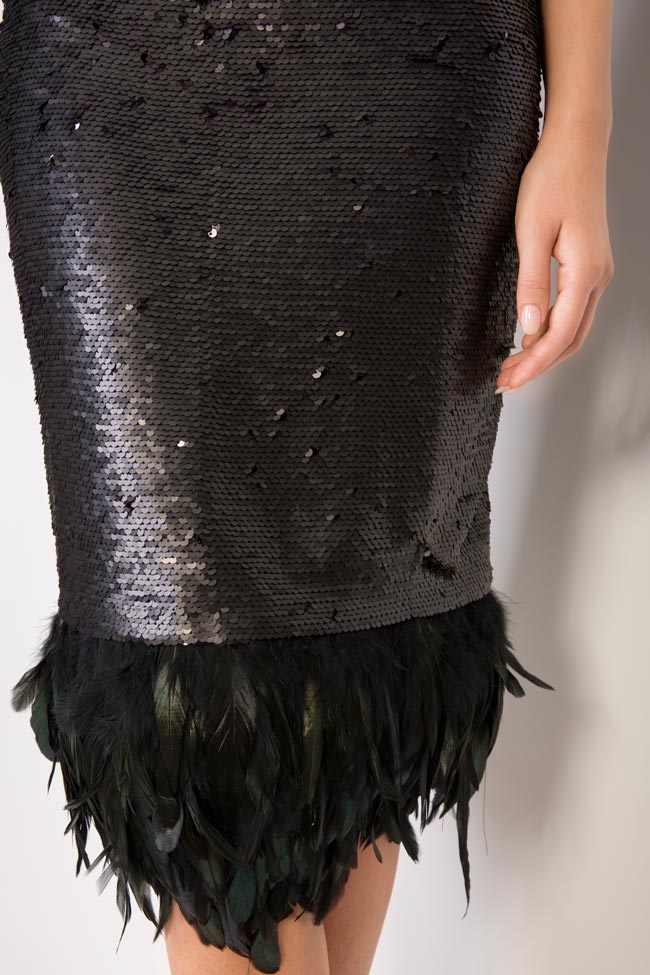 Feather-trimmed sequined crepe midi skirt LOOMY image 3