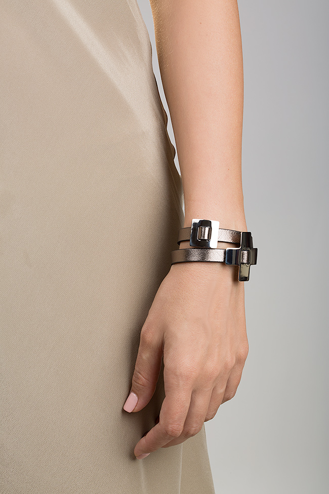 Palladium-plated wraparound leather bracelet LIA image 3