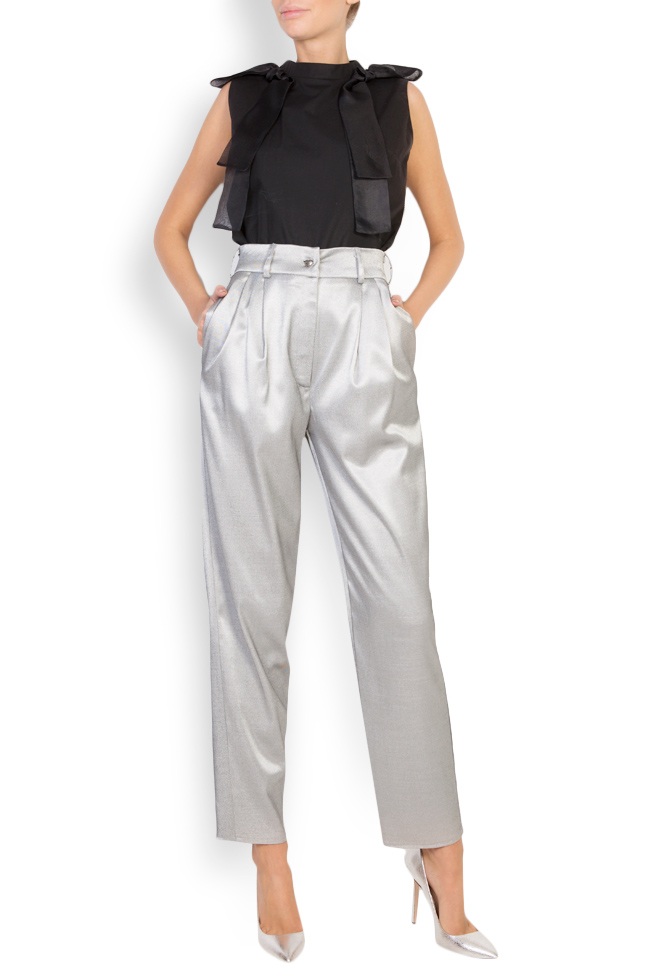 Pantalon métalisé en coton à taille haute Cloche image 0