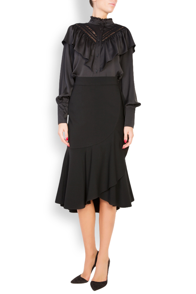 Classic Black asymmetric wrap-effect ruffled midi skirt Alina Cernatescu image 0