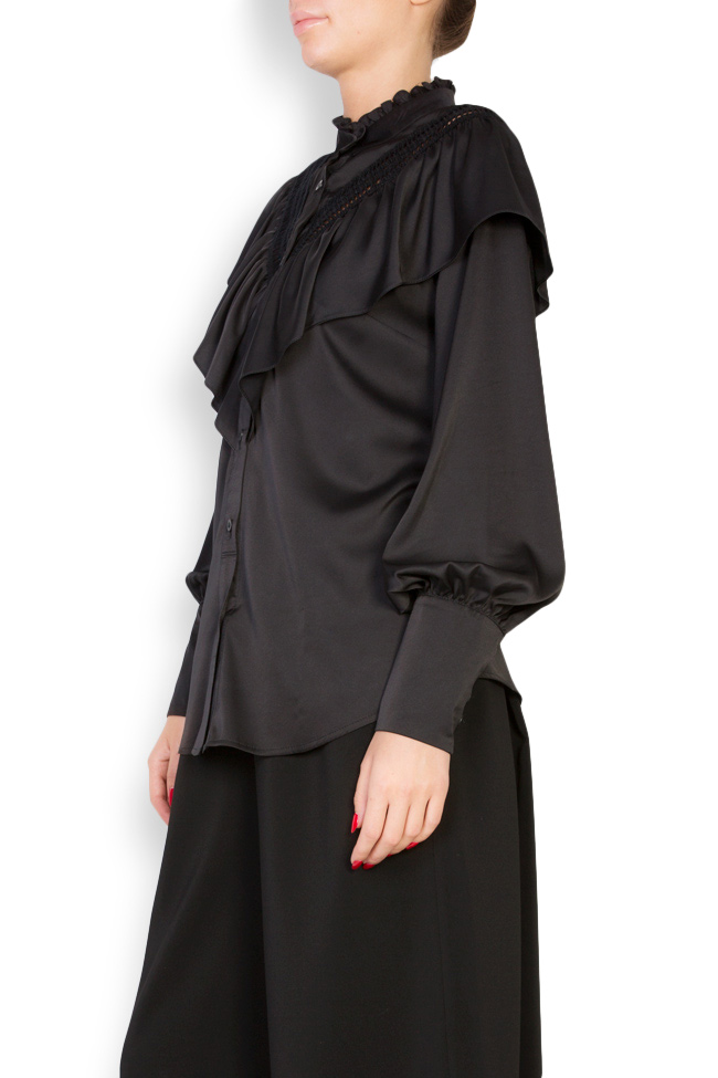 Liberty Classic Black macramé lace-trimmed ruffled silk-satin blend shirt Alina Cernatescu image 1