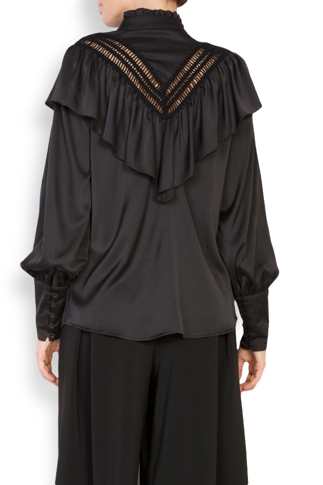 Liberty Classic Black macramé lace-trimmed ruffled silk-satin blend shirt Alina Cernatescu image 2