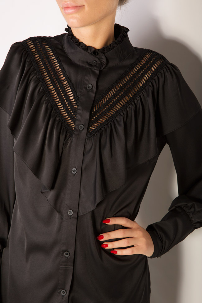 Liberty Classic Black macramé lace-trimmed ruffled silk-satin blend shirt Alina Cernatescu image 3