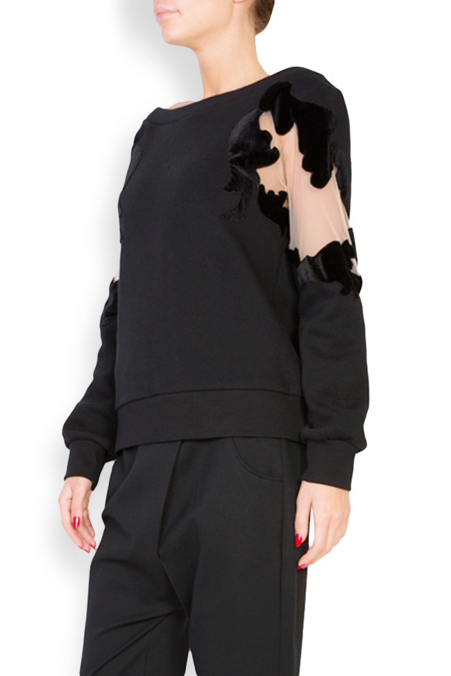 Bluza din jerseu de bumbac cu aplicatii din tul si catifea Artist Classic Black Alina Cernatescu imagine 1