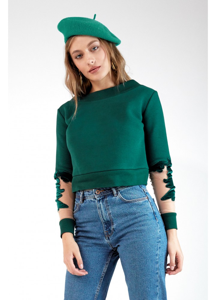 Canvas Petroleum Green cropped tulle-velvet paneled coton-jersey sweatshirt Alina Cernatescu image 4