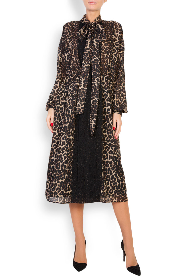 Lace-trimmed leopard-print crepe dress Zenon image 0