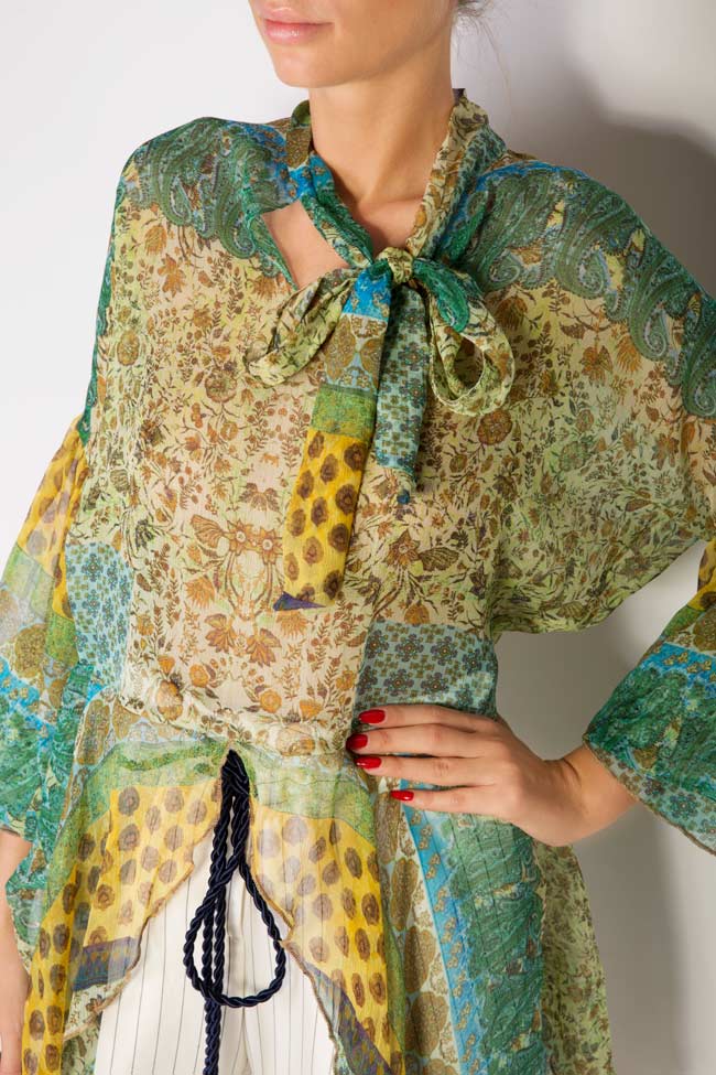 Pussy-bow asymmetric printed silk-crepon blouse Zenon image 3