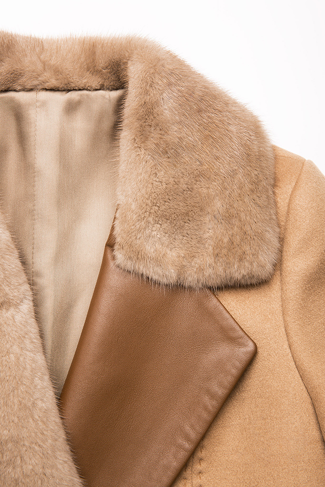 Palton din amestec de lana si casmir cu insertii din piele si blana de vizon Elora Ascott imagine 6