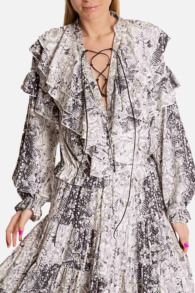 Rochie din viscoza cu imprimeu tip sarpe si volane Bluzat imagine 3