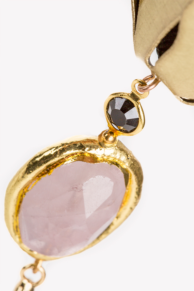 Cercei din alama cu perle de cultura placate cu aur si quartz roz Floare Neagra Bon Bijou imagine 2