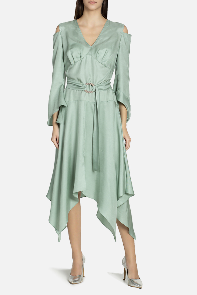 Asymmetric cold-shoulder silk and wool midi dress Elena Perseil image 1