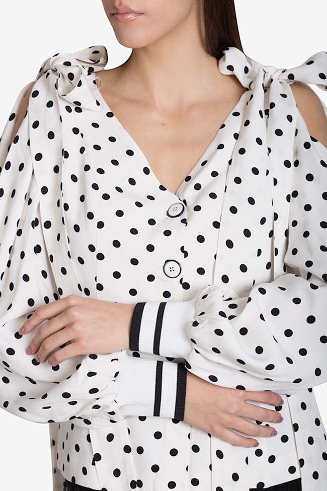 Cold-shoulder polka-dot crepe de chine blouse Exquise image 3