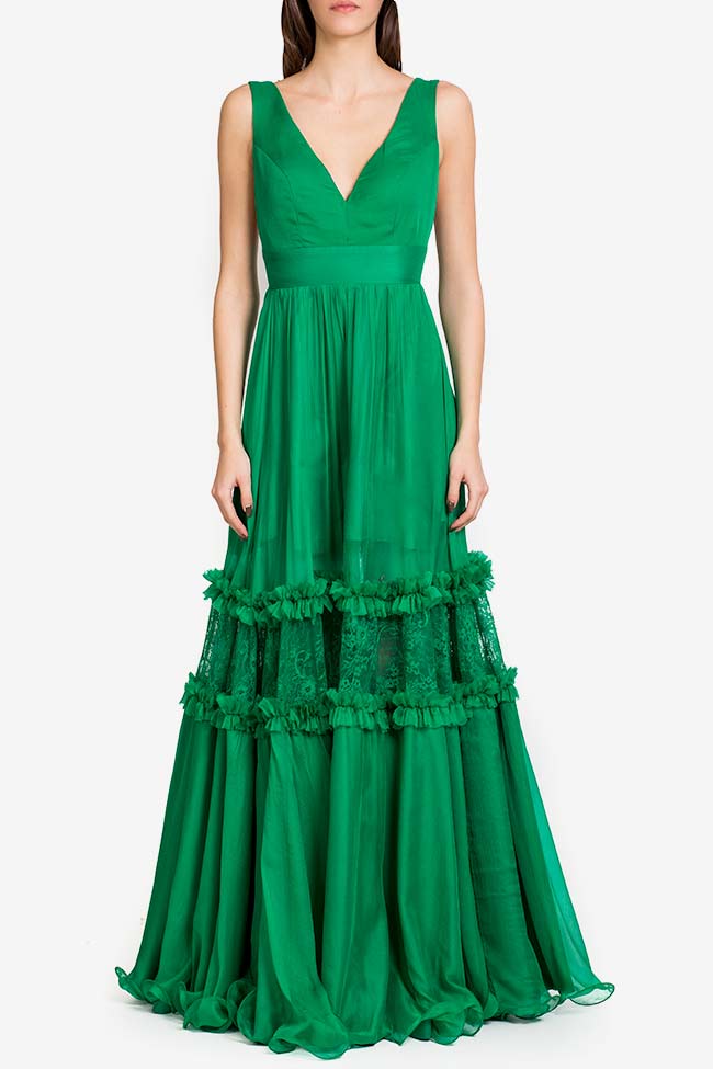 Emerald Chantilly lace-trimmed silk maxi dress VIGO image 1